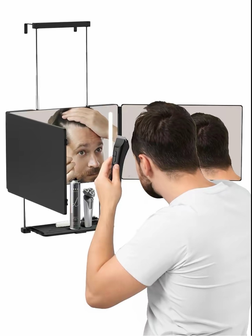 Overdoor Black Tri-Fold Grooming Mirror with Storage Tray